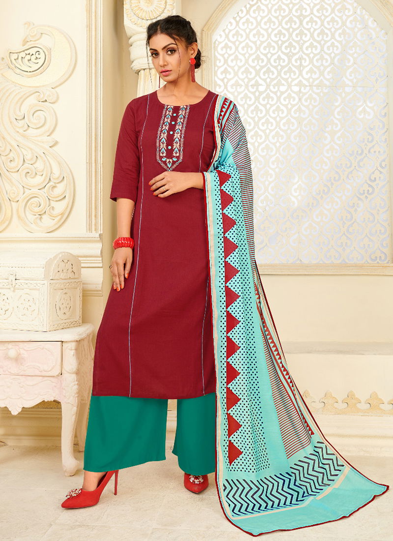 Silicon Cotton Flax Designer embroidered Kurti Rayon Palazzo With Muslin Digital Print Fancy Dupatta Collection 1001-1008